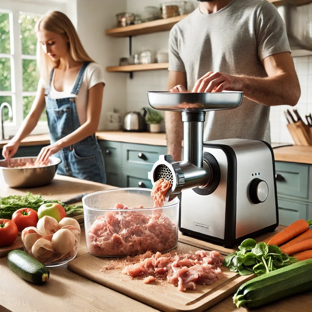 Man using a meat grinder in a kitchen, with vegetables on the counter and a woman preparing food in the background.
