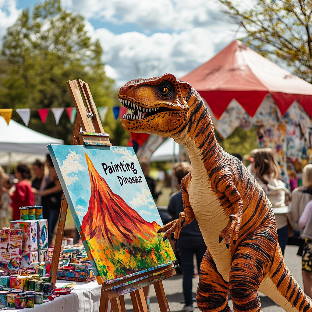 Person in dinosaur costume painting a colorful volcano on canvas at an outdoor art fair.