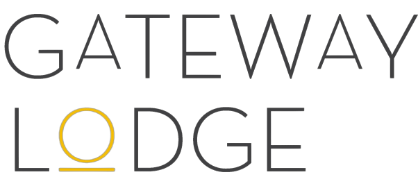 Logo of Gateway Lodge with stylized yellow O resembling a sunrise or horizon line.