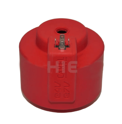 Red lockout device for securing electrical circuit breakers, indicating 64V and 67V. Used for safety in electrical maintenance.