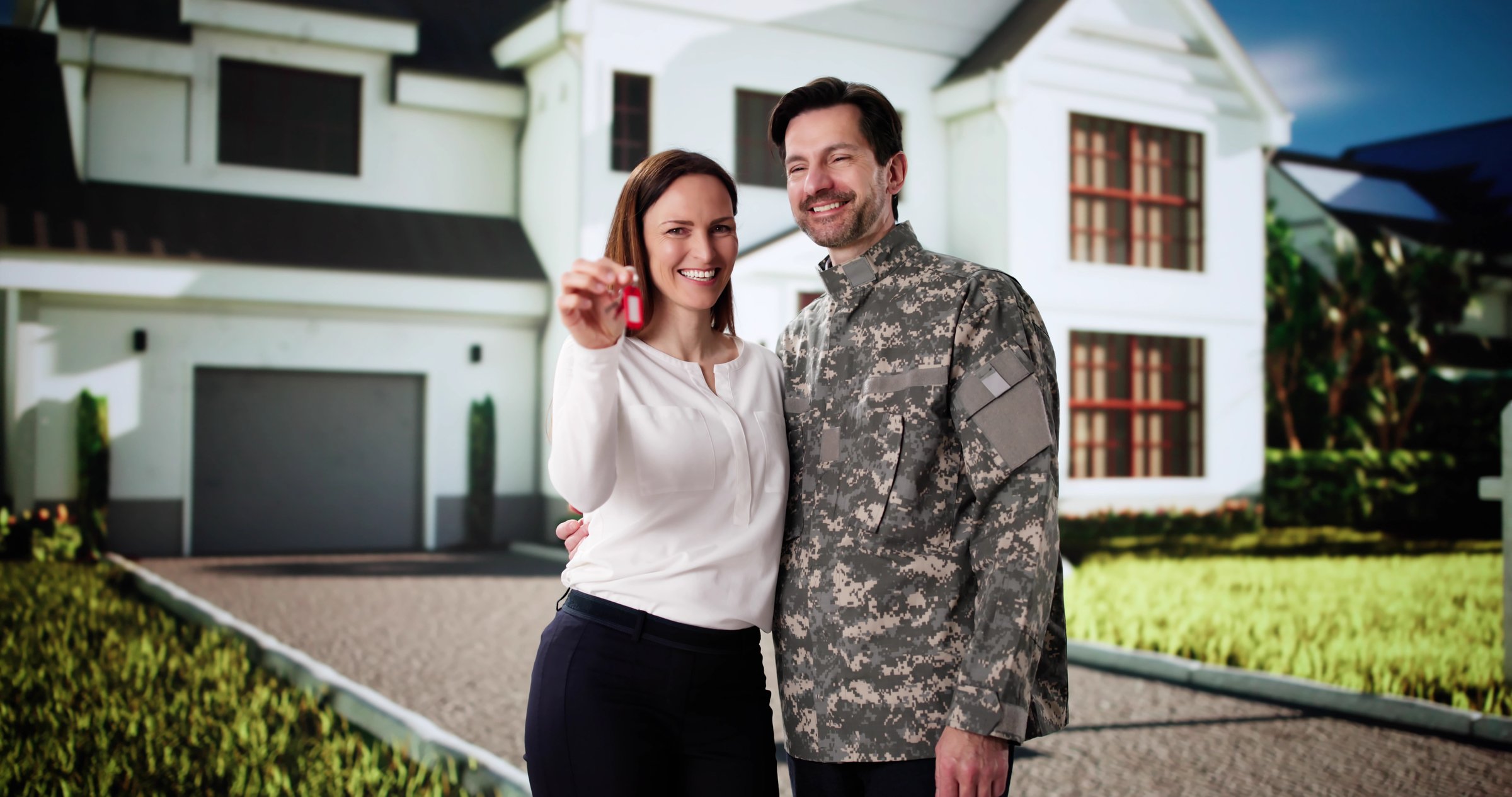 Happy Military Veteran Couple Buying Real Estate House for Family.