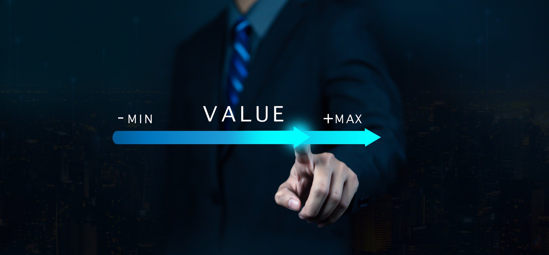 Businessman pointing at a glowing value progress bar with min and max indicators, symbolizing performance growth, business improvement, optimization, and success measurement concept.