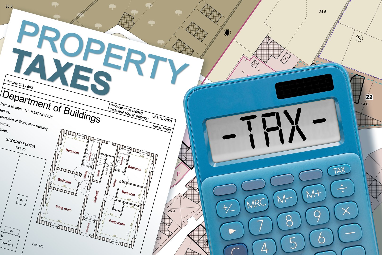PROPERTY AND REAL ESTATE TAXES CONCEPT WITH CALCULATOR, imaginary cadastral map and general urban plan