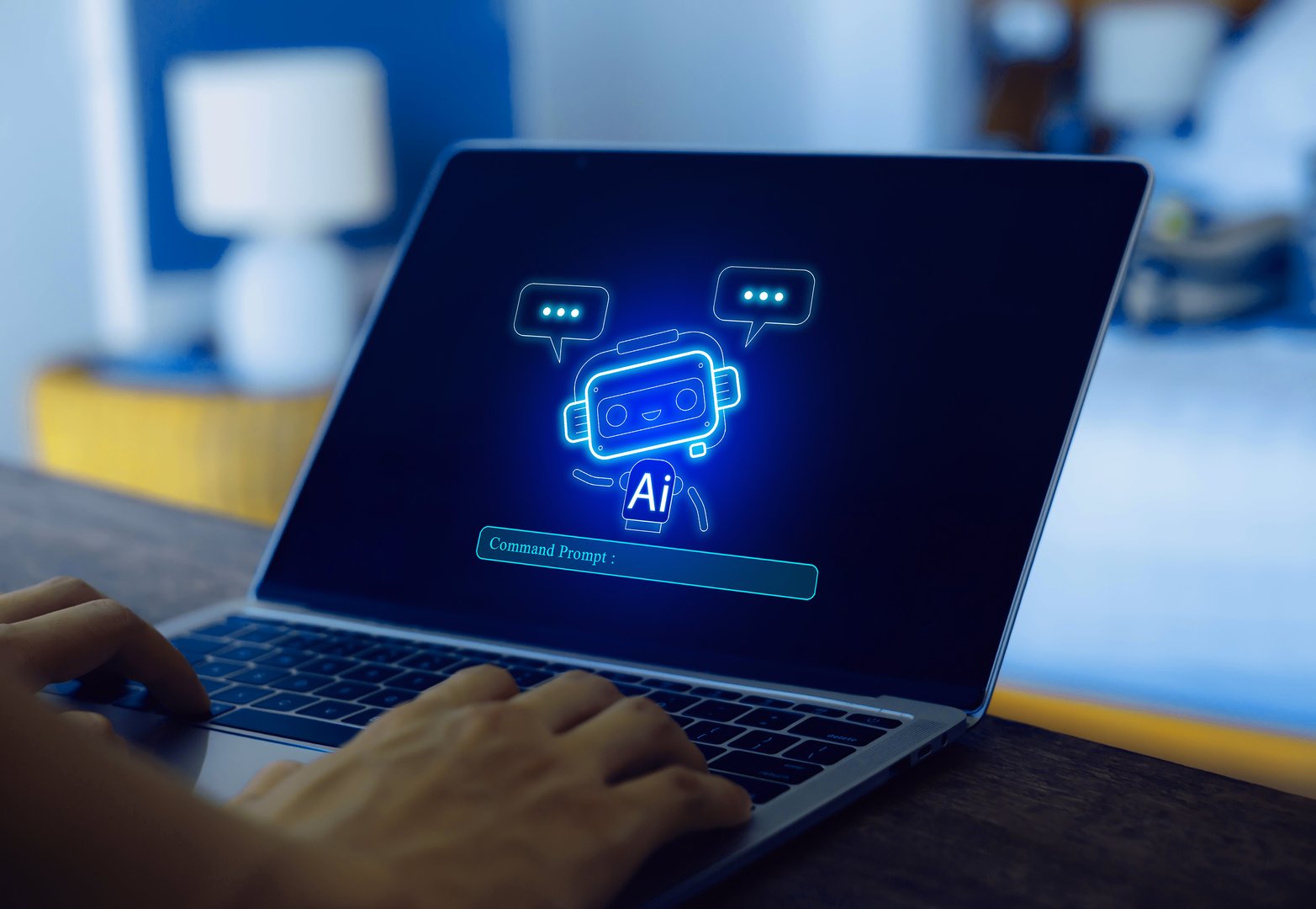 Businessman using AI robot technology. A man uses a laptop to talk to AI artificial intelligence. Future technology.