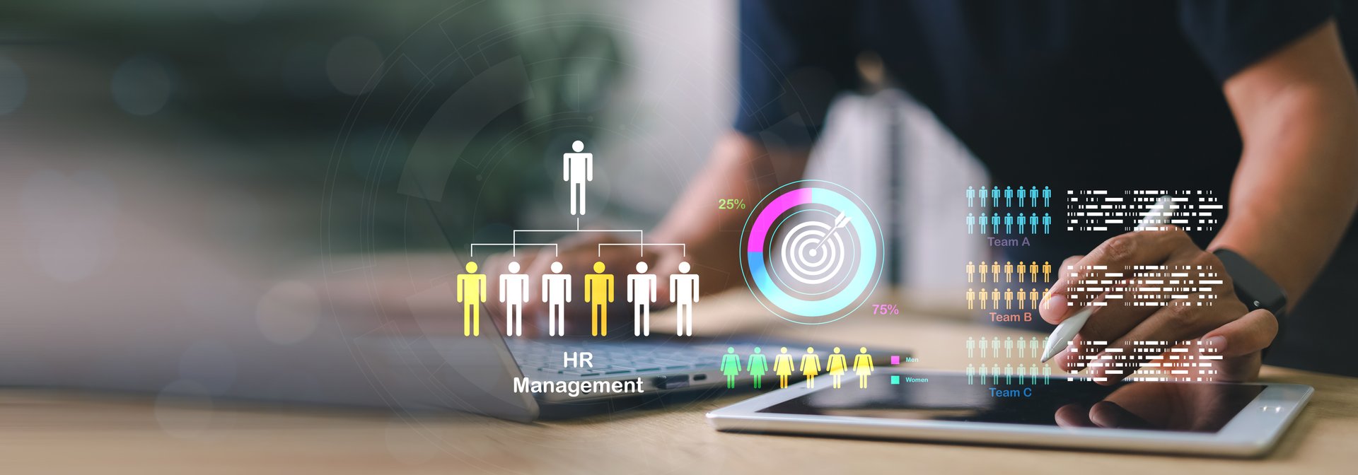 HR management interface, employee structure chart, and team analytics dashboard. Concept of workforce planning and data-driven HR.