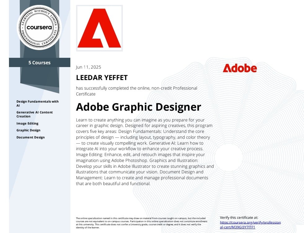 Adobe Graphic Designer certificate from Coursera for Leedar Yeffet, dated Jun 11, 2025, covering five courses.