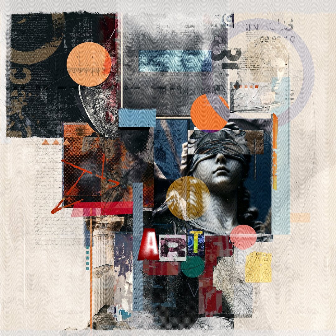 A creative artistic collage representing art, culture, heritage. Fusion of traditional and modern graphic design elements, abstract textures, shapes, typography. Visual communications, cultural themes. Art illustration