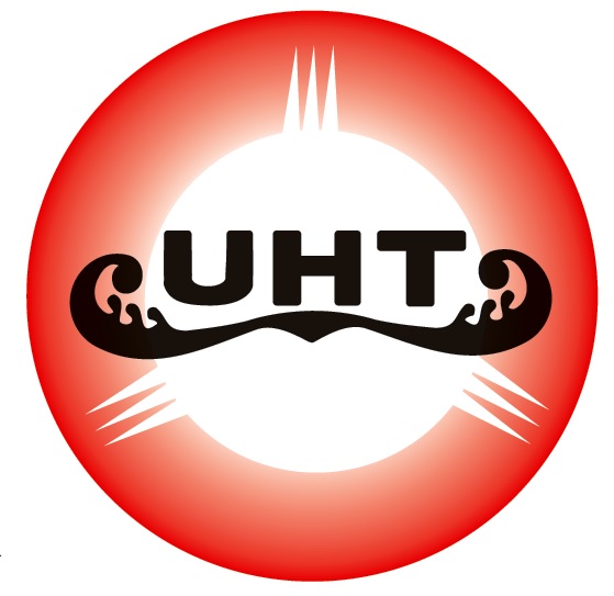 Logo with UHT in bold letters, surrounded by stylized accents and a red gradient circle background.