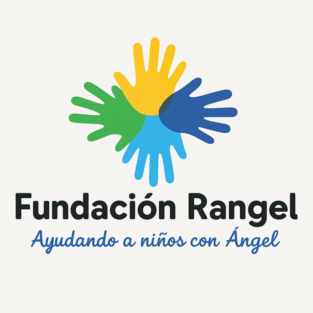 Logo with four overlapping hands in green, yellow, blue, and dark blue. Text: Fundación Rangel - Ayudando a niños con Ángel.
