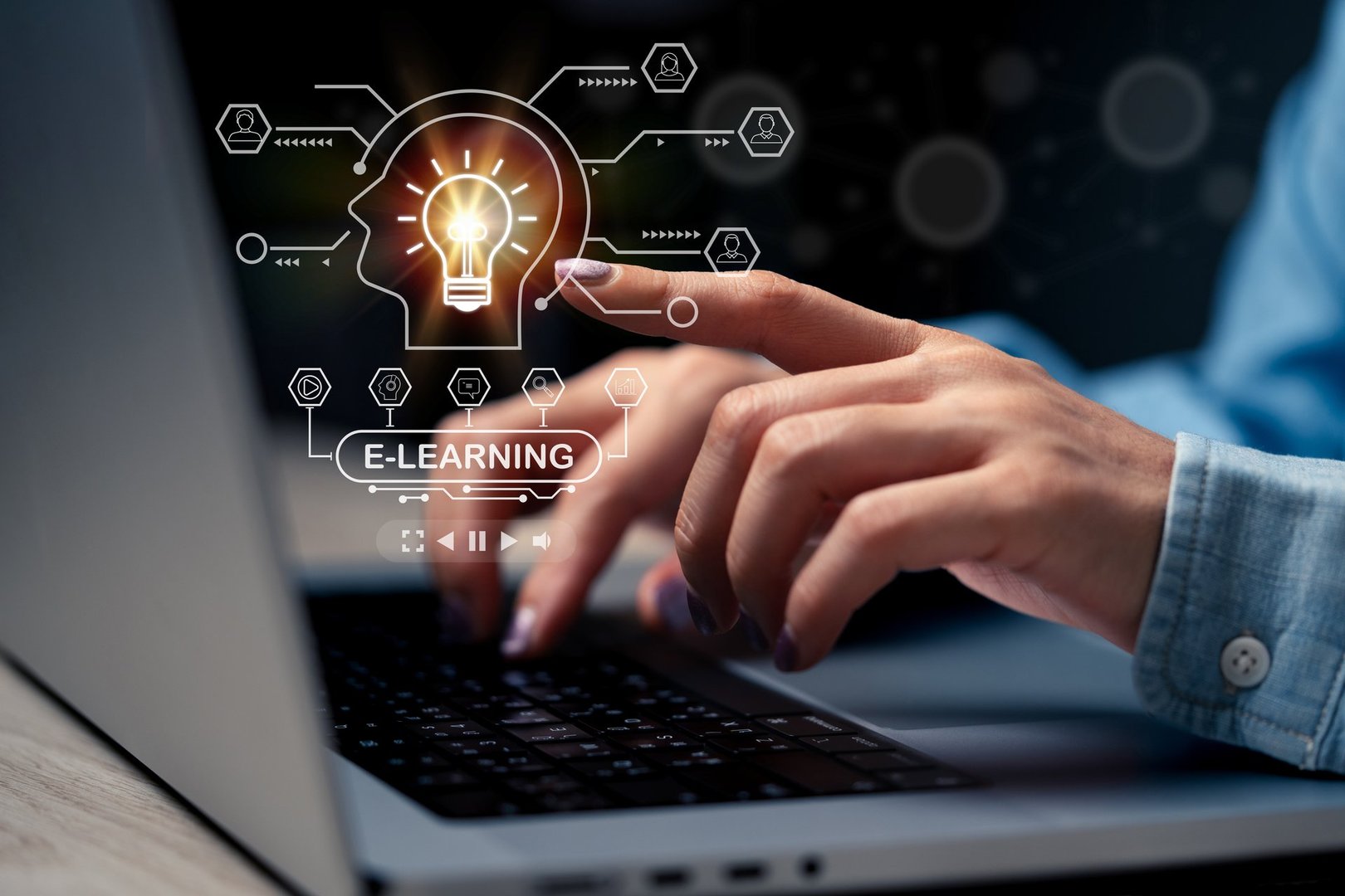 Education technology concept. EdTech. AI (Artificial Intelligence).Webinar Online Courses. lightbulb showing graduation hat, and education icons. Internet education course degree, Idea of learning online class.