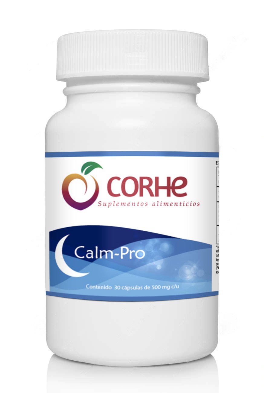 White bottle with label for CORHE Calm-Pro dietary supplement, 30 capsules, 500 mg each, in Spanish.