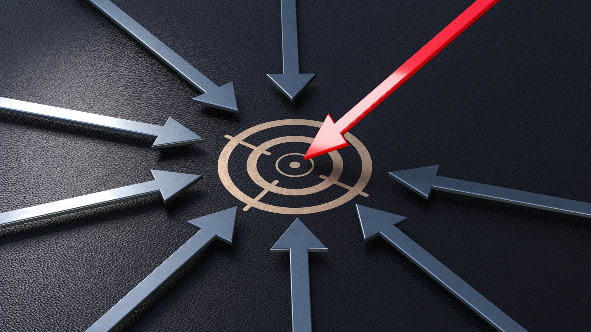 A 3D rendering of arrows advancing horizontally towards a target symbol on a flat surface. One prominent red arrow is positioned at an angle close to the target, about to hit it, while other arrows are still progressing towards the goal. This scene illustrates focus, precision, and the final step in achieving success.