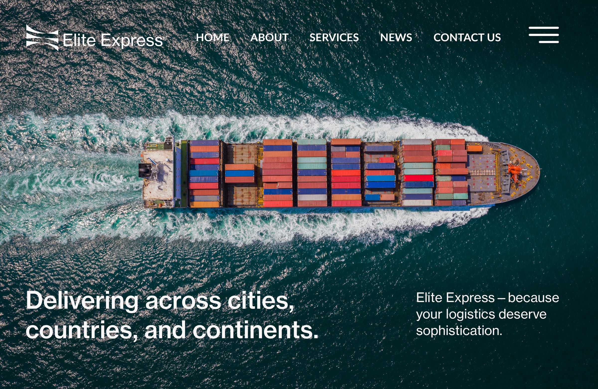 Container ship at sea with colorful cargo. "Elite Express" branding and navigation menu visible on top of the image.