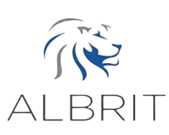Logo featuring a stylized blue and gray lion head above the word ALBRIT in bold, uppercase letters.
