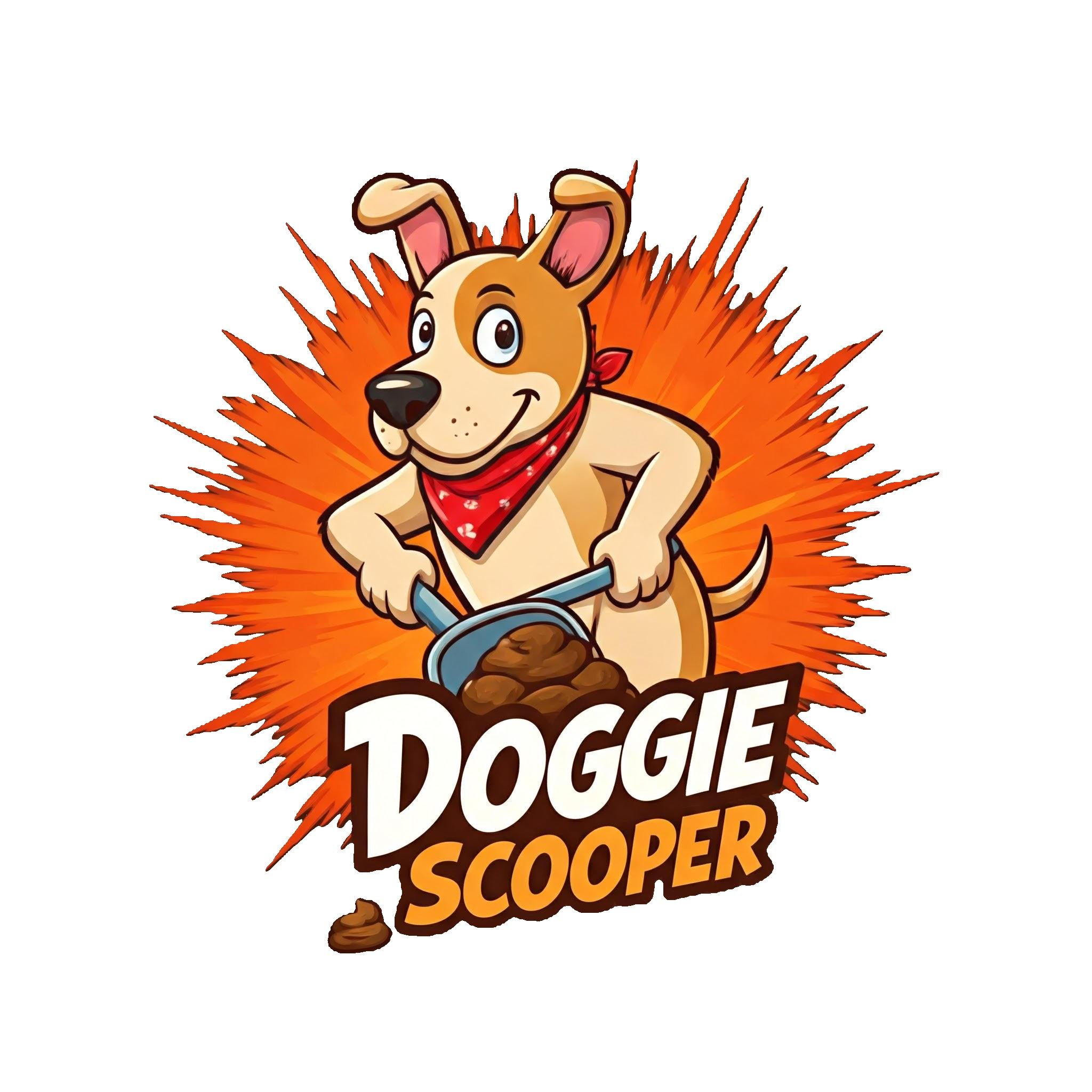 Cartoon dog with a red bandana scooping poop with a shovel. Text Doggie Scooper appears below. Background has orange burst.