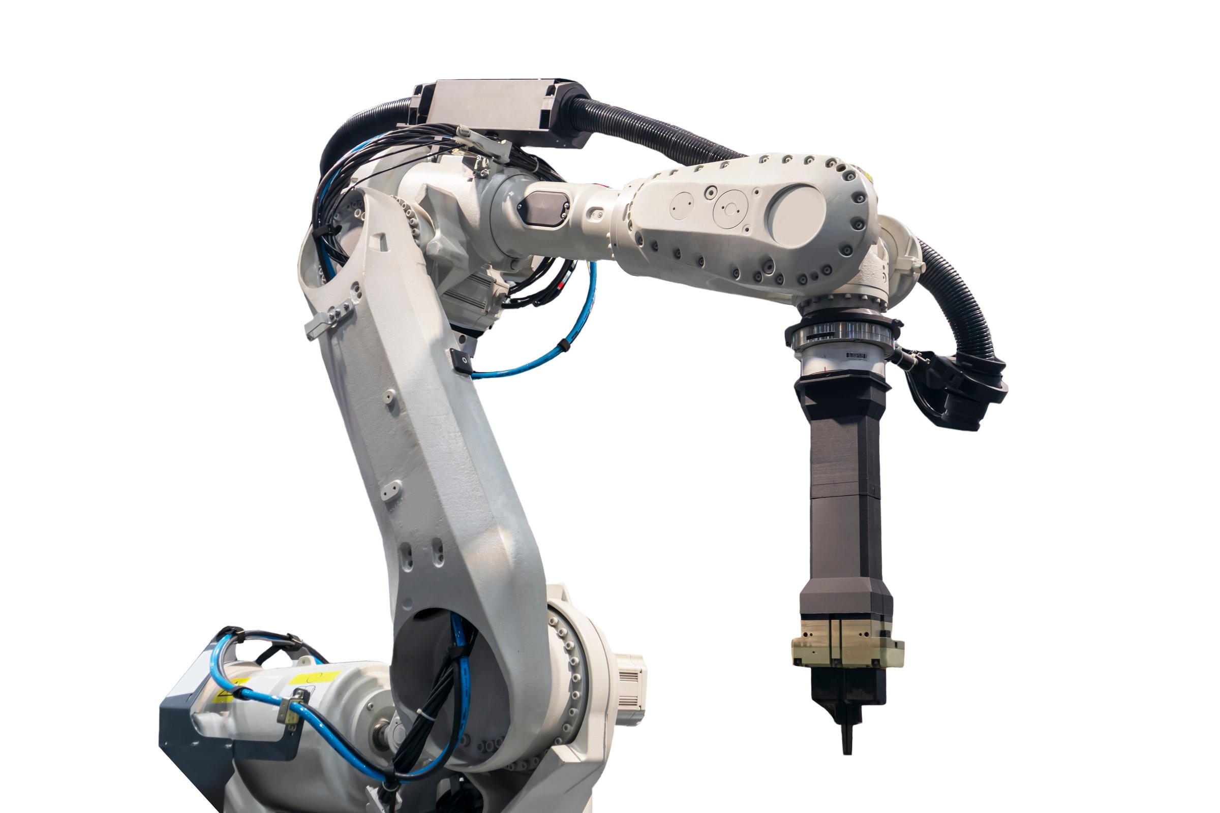 Robotic arms in large industrial production systems and robotic management systems