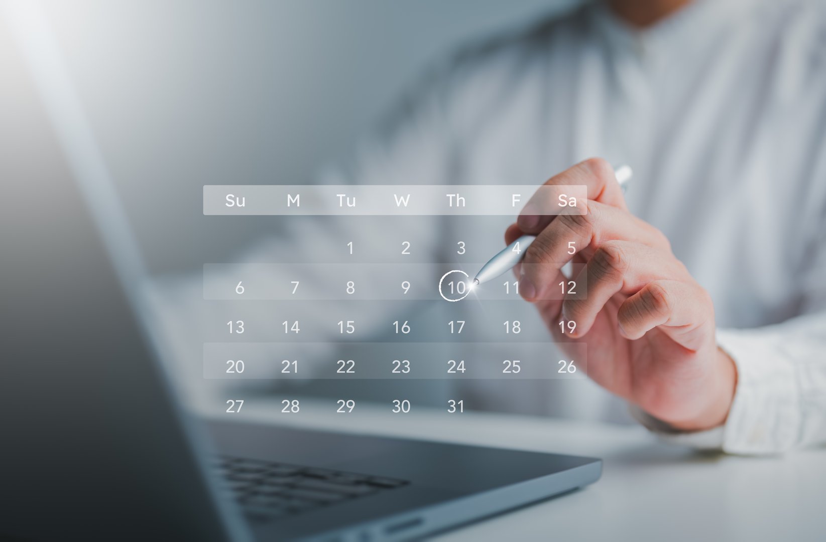 Time management concepts. Calendar on a virtual screen. Businessmen manage time for effective work. Create an appointment, action plans, highlight reminders, and a meeting agenda on the calendar.