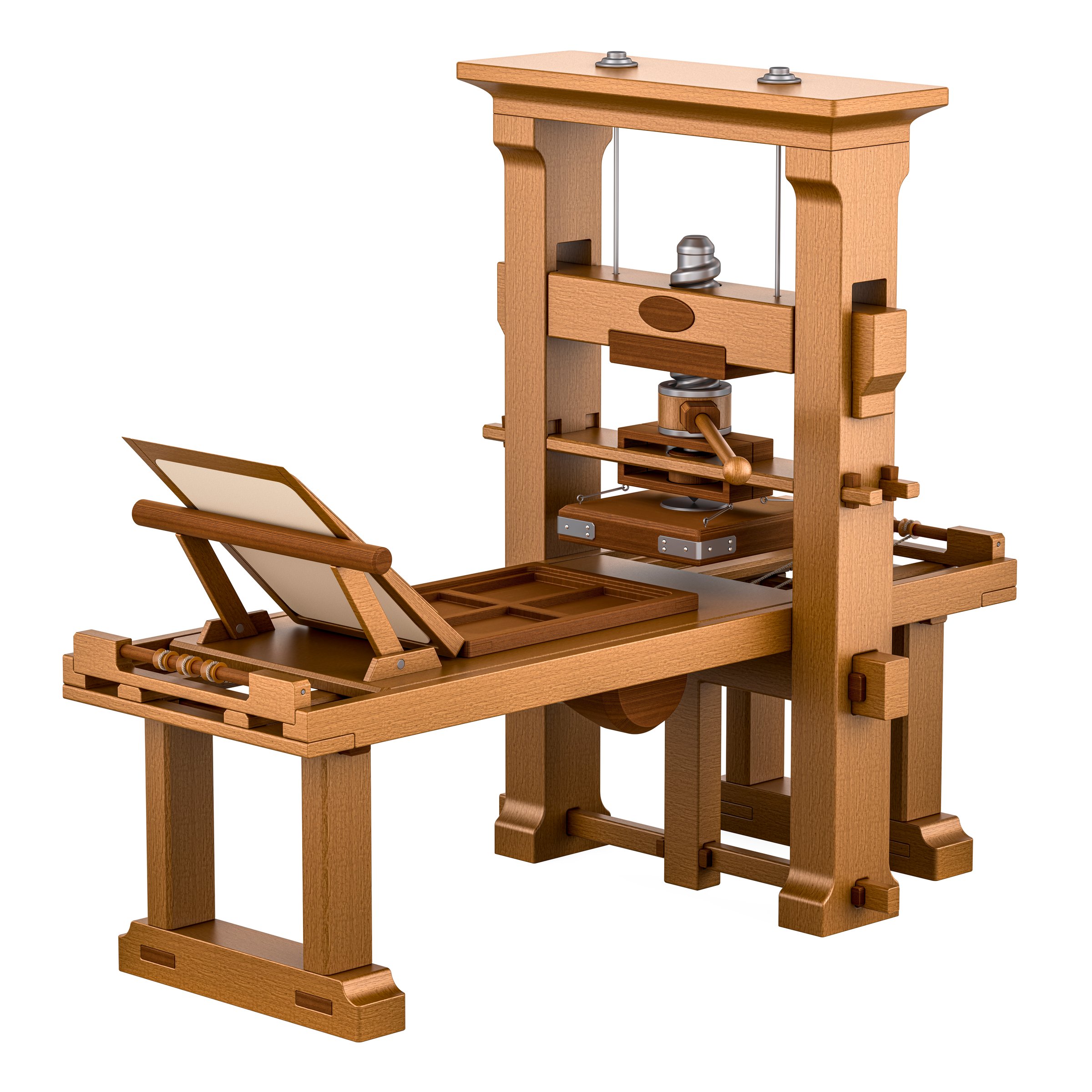 Vintage printing press. Gutenberg Press, 3D rendering isolated on white background