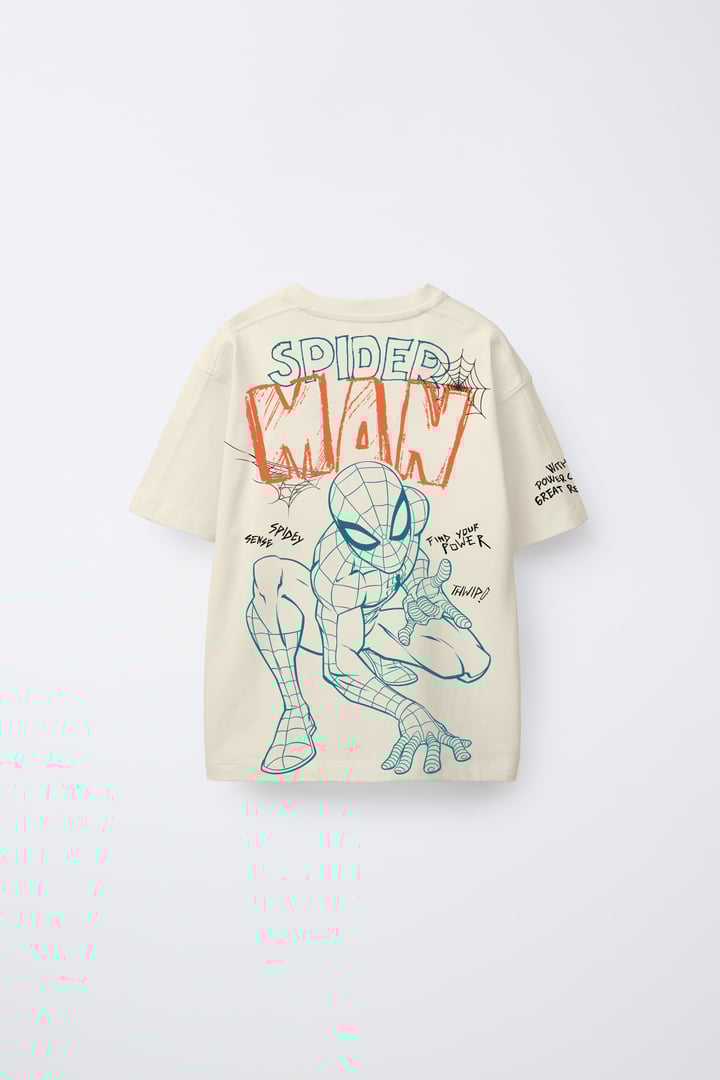 Cream-colored T-shirt with a stylized drawing of Spider-Man and graffiti-style text saying "Spider-Man."