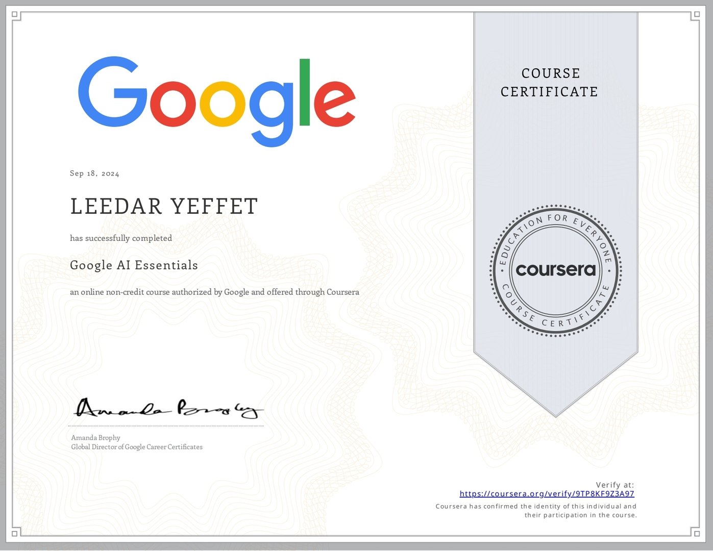 Google AI Essentials course certificate from Coursera awarded to Leedar Yeffet on September 18, 2024.