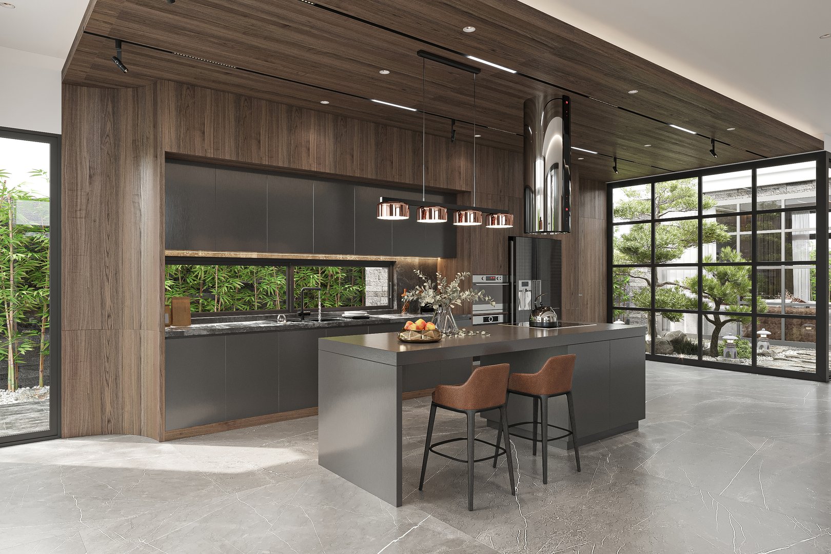 Modern Kitchen Interior with Island Seating and Floor-to-Ceiling Windows Overlooking Zen Garden