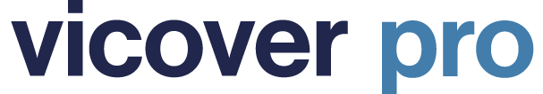 Logo with the text vicover pro in a dark to light blue gradient.