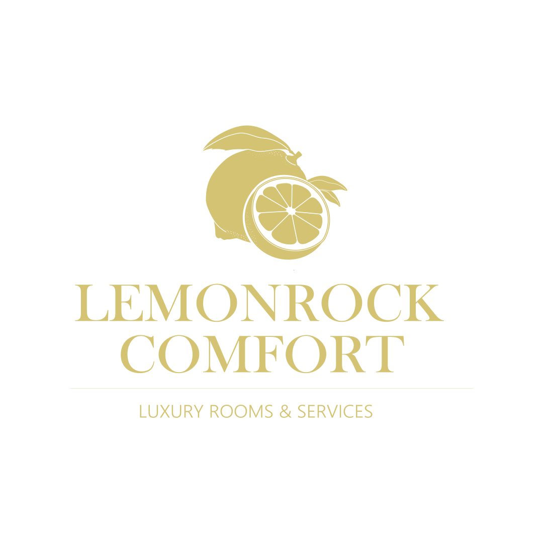 Logo for Lemonrock Comfort featuring a lemon design and the text 'Luxury Rooms & Services' in gold on a black background.