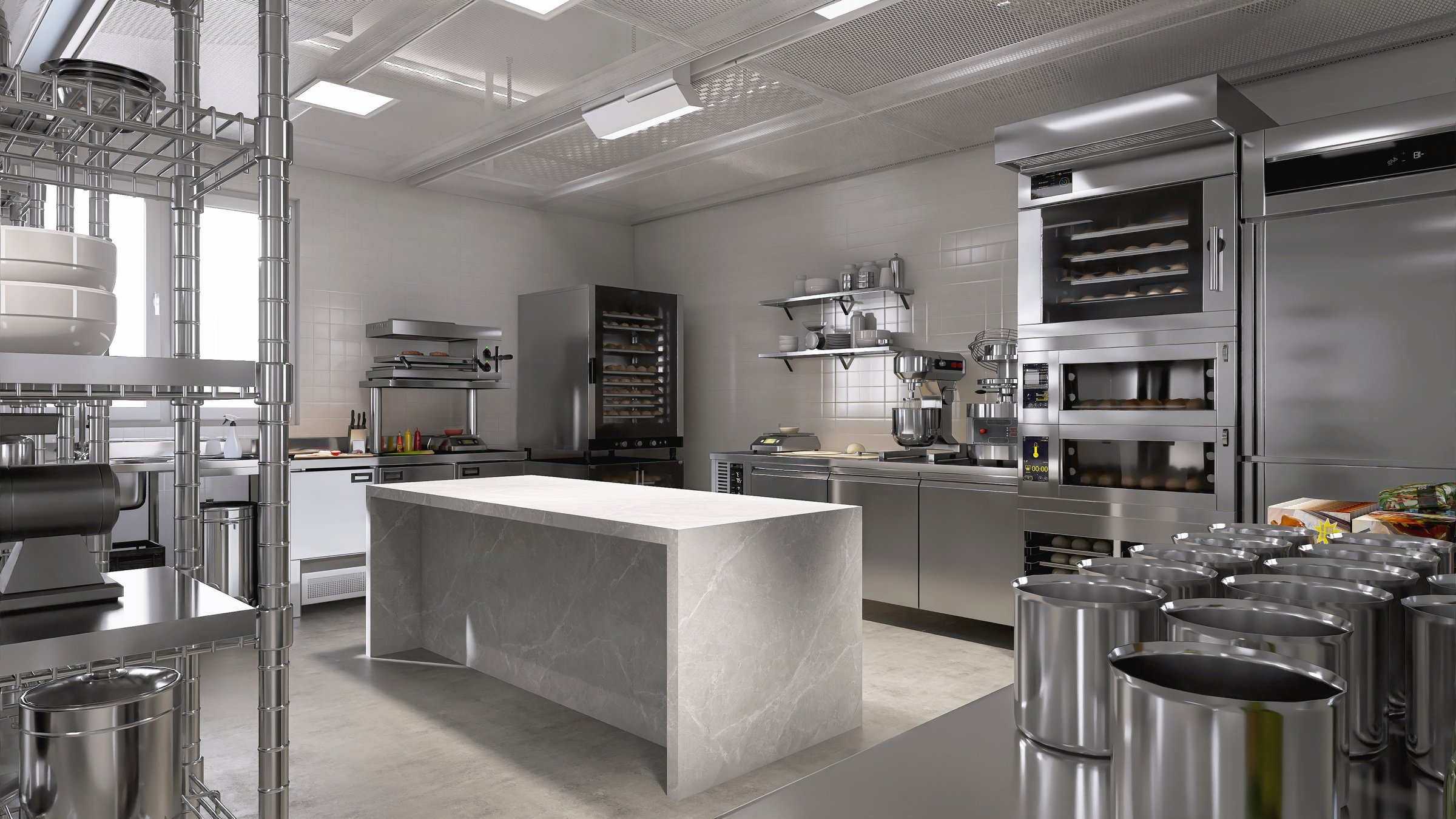 Empty clean white marble top counter table in commercial, professional bakery kitchen, stainless steel convection deck oven, kneading machine, shelf, cabinet for industrial restaurant background 3D