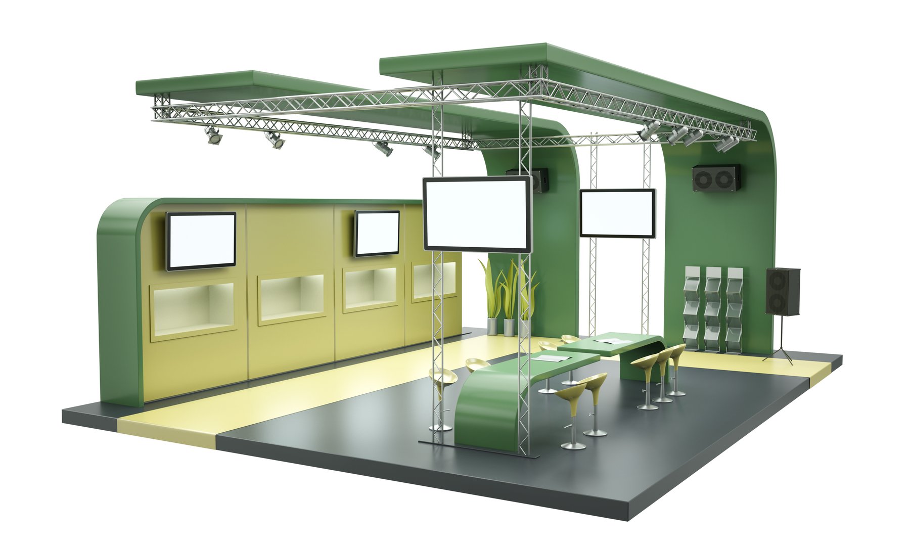Empty trade exhibition stand isolated on a white background. 3D rendered illustration