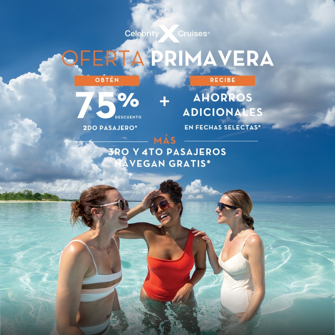 Three women in swimsuits laugh on a sunny beach. Text: "Spring Offer 75% off 2nd passenger + additional savings."