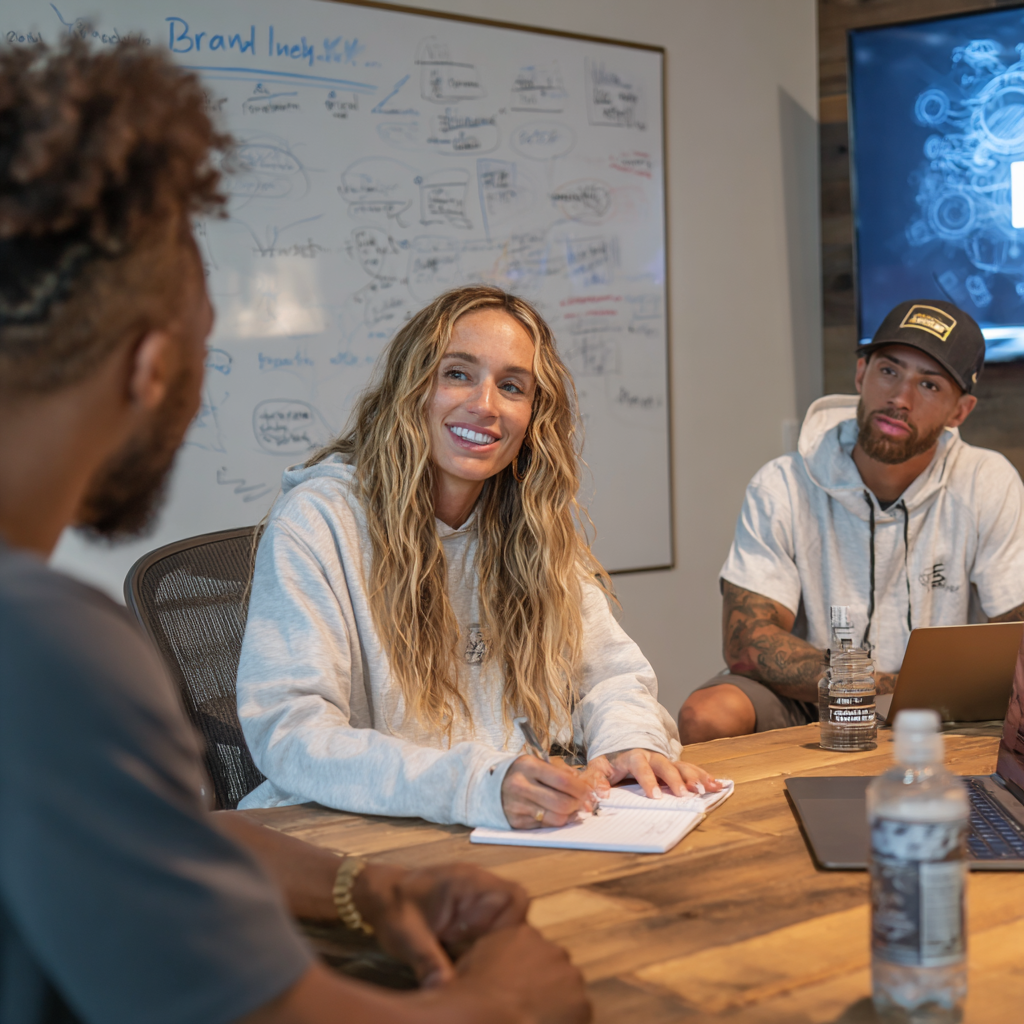 A sprinter sits with a marketing rep and an NIL agent discussing partnership opportunities