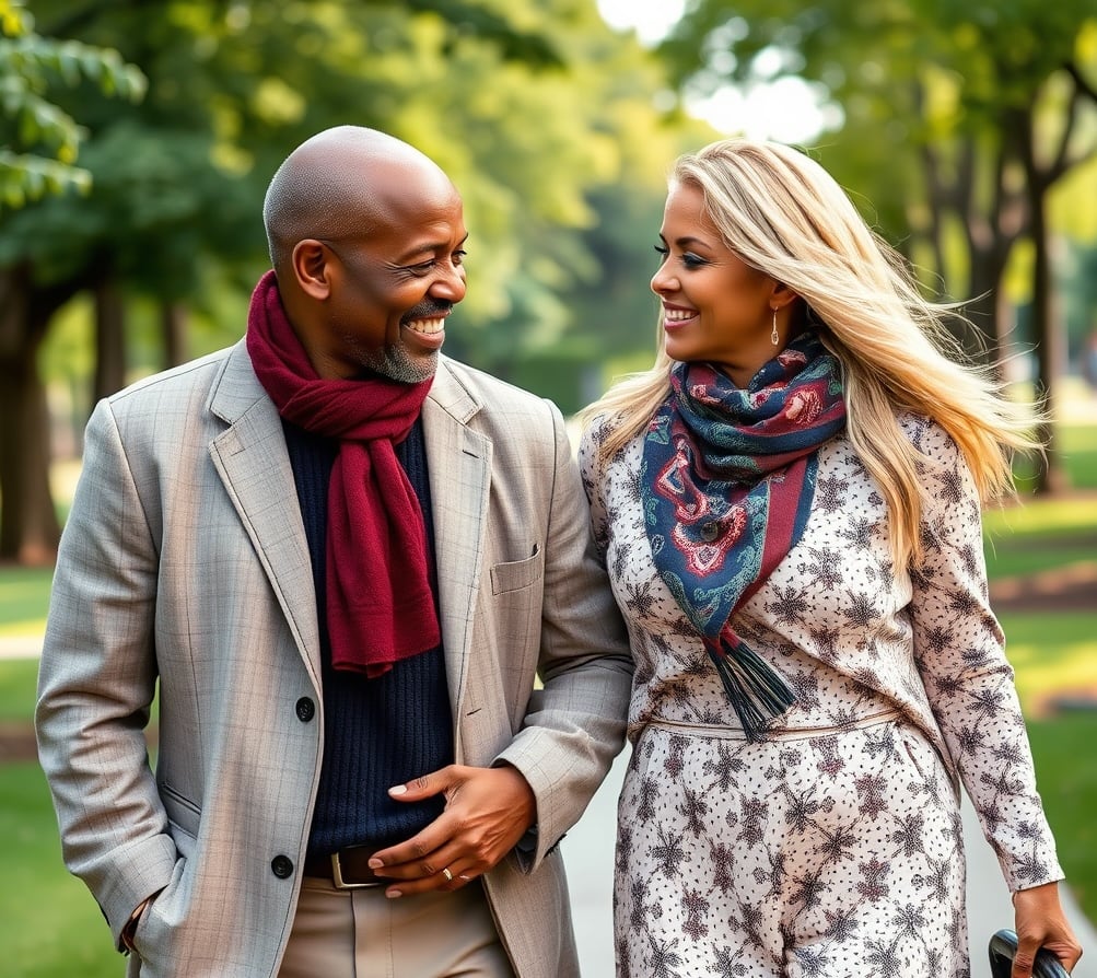 A smiling man and woman walking together in a park, both wearing scarves and stylish outfits. Trees in the background.