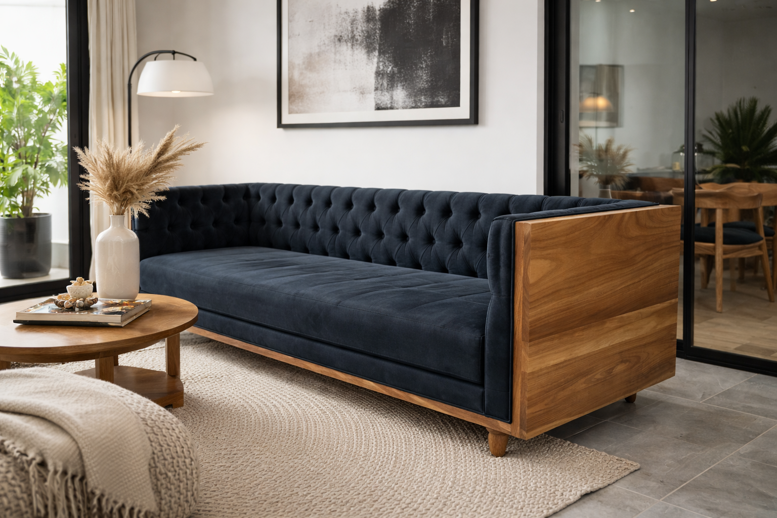 Sofá Chester Parota Navy estilo Chesterfield con capitoné profundo en terciopelo azul marino y estructura de parota maciza