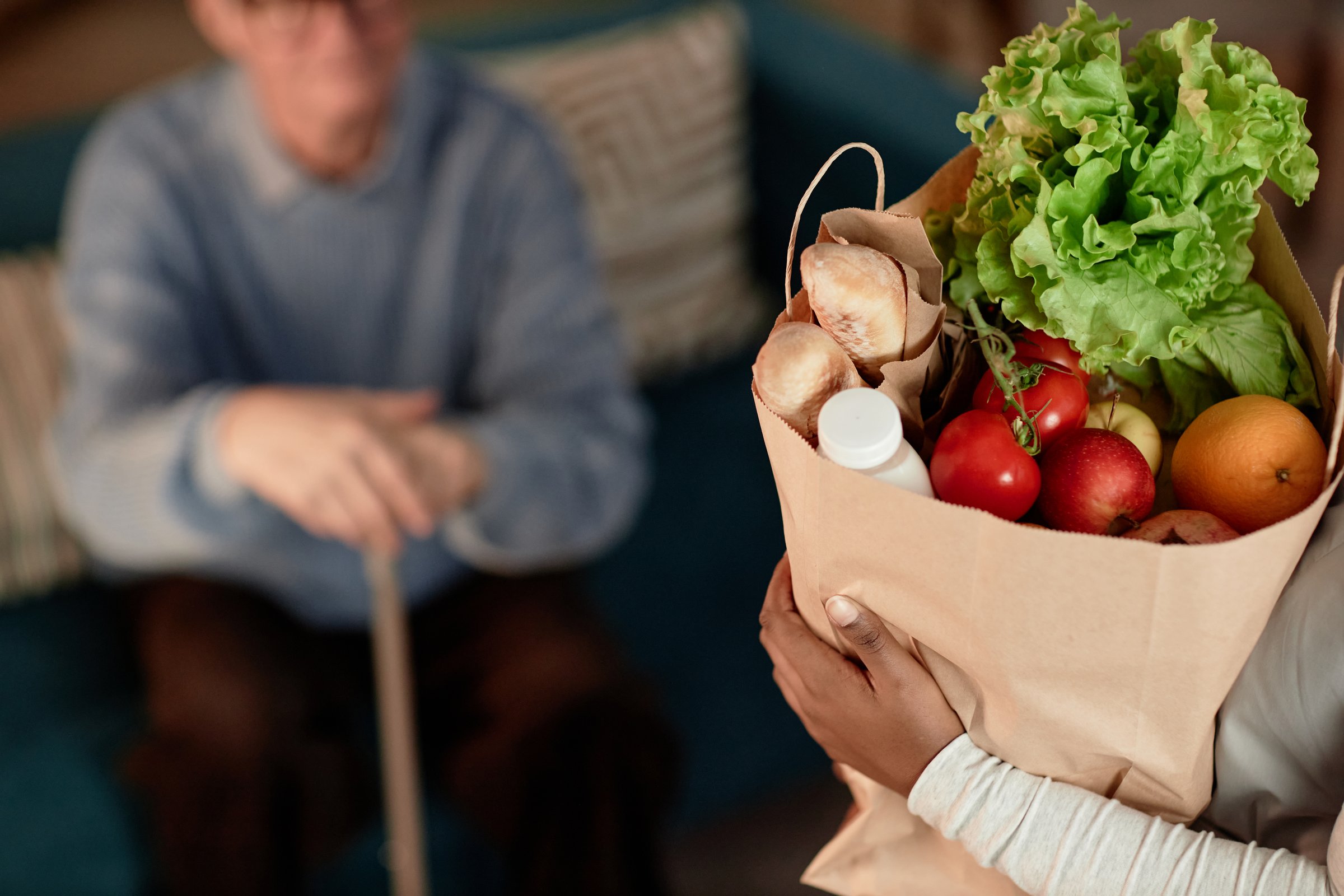 Cropped shot of female social worker delivering healthy food in paper bag to seniors man house helping elderly people with grocery shopping, assisted living concept, copy space