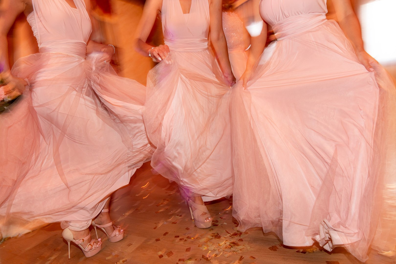Wedding party. Guests and bridesmaids having fun and dancing on wedding banquet