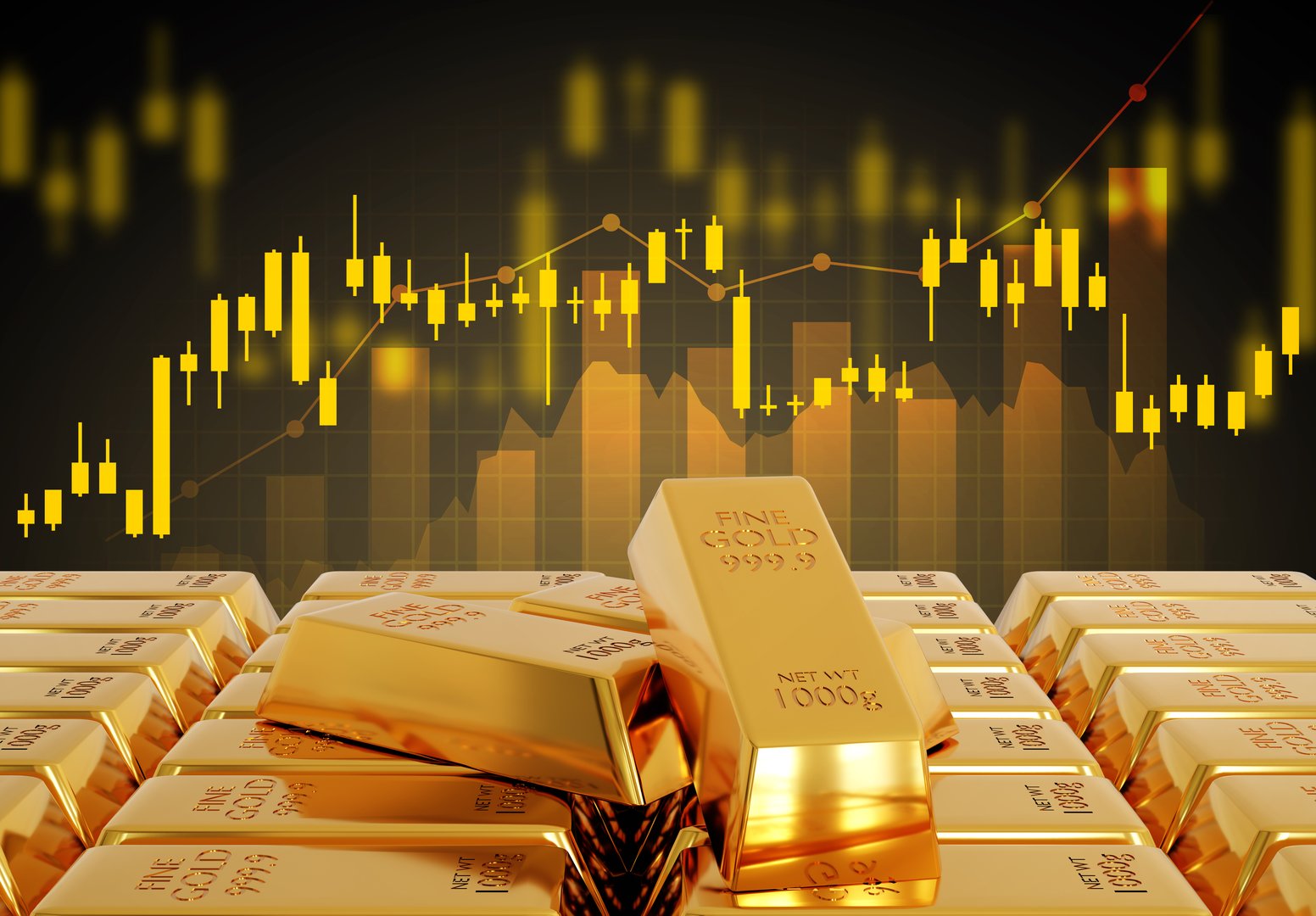 Gold trading, gold bars with stock graph chart stock. Business and finance concept. 3d-rendering