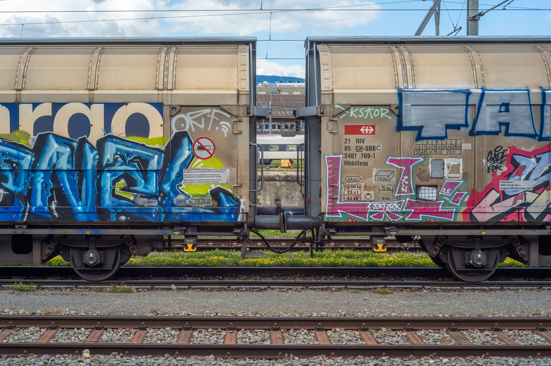 Yverdon les Bains, Switzerland - July 24, 2025: Two freight train cars with vibrant graffiti art, showcasing various styles and colors. The background features railway tracks and a cloudy sky.