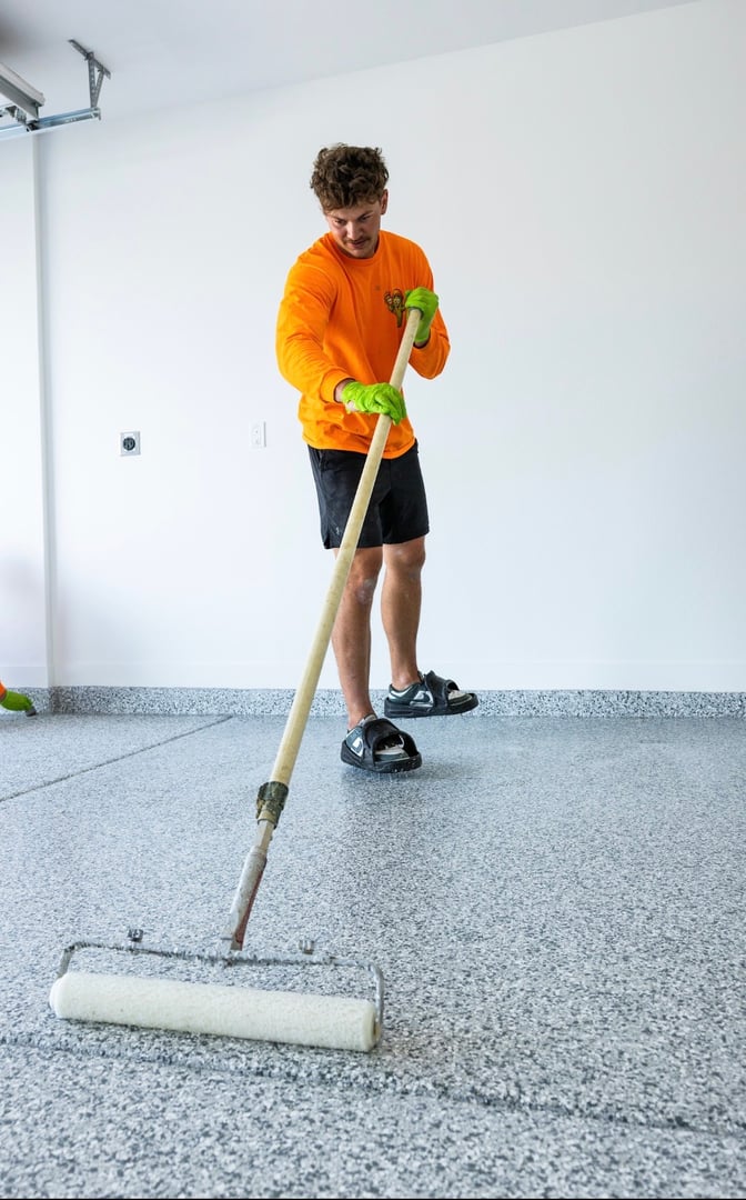 Concrete coating project with earth-tone flakes