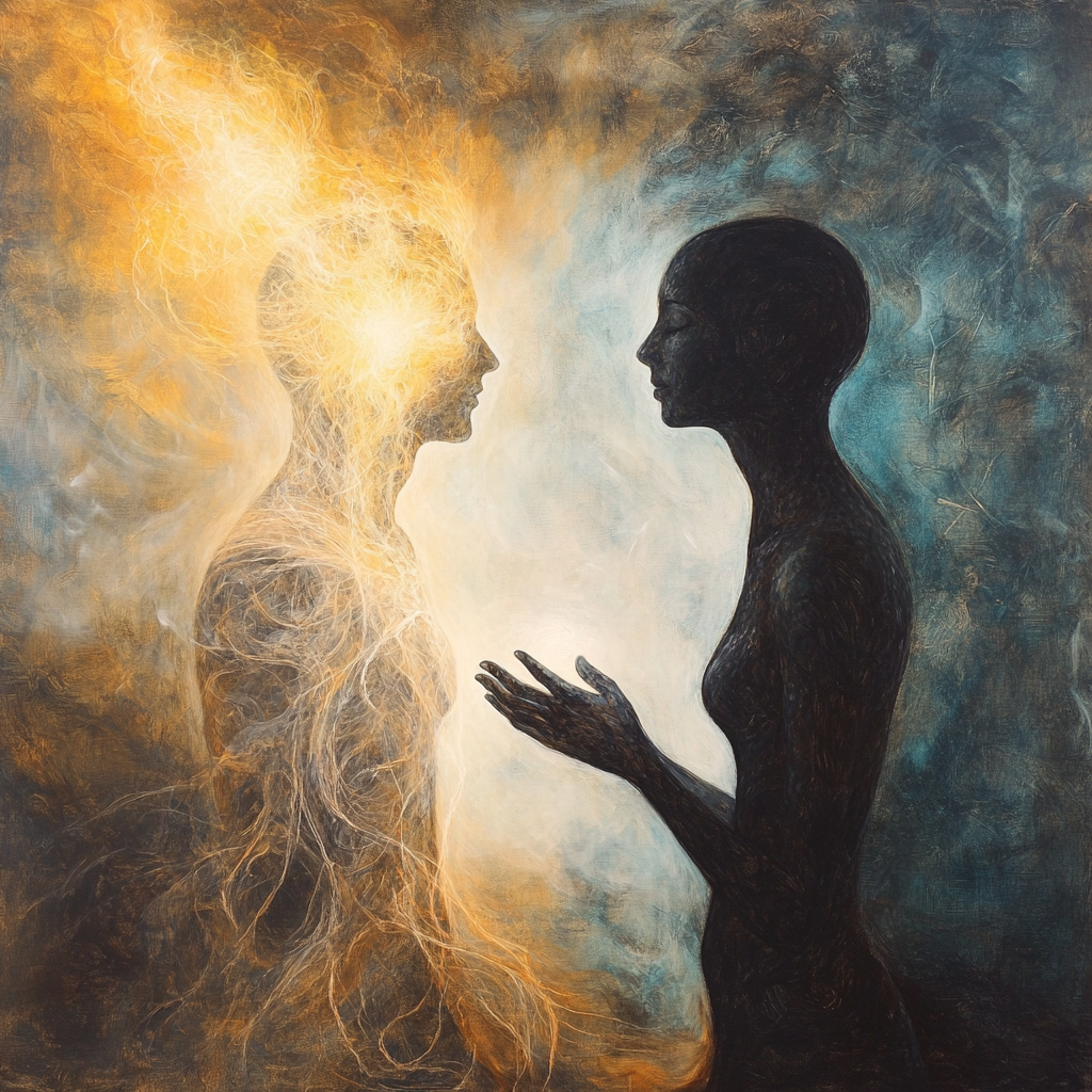 A painting of two human-like figures facing each other, one glowing with light, the other dark. The background is abstract.