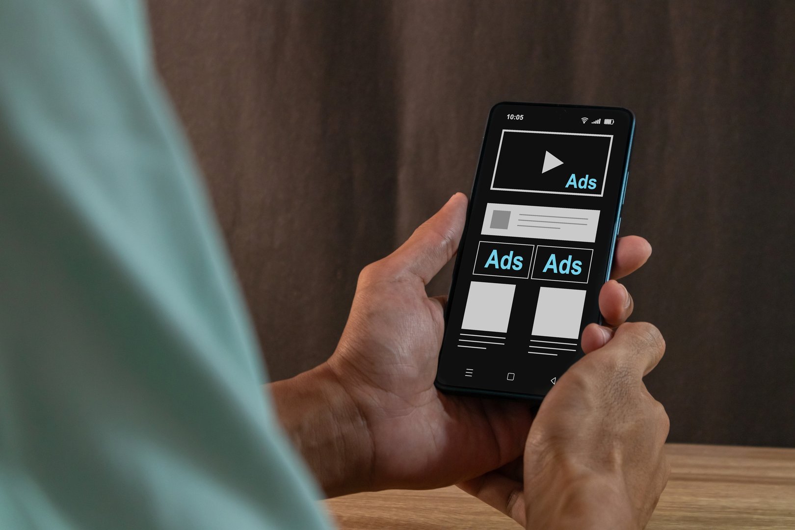 Advertising media on smartphone. Digital marketing strategy concept. Man seeing an advertisement on social media on his smartphone.