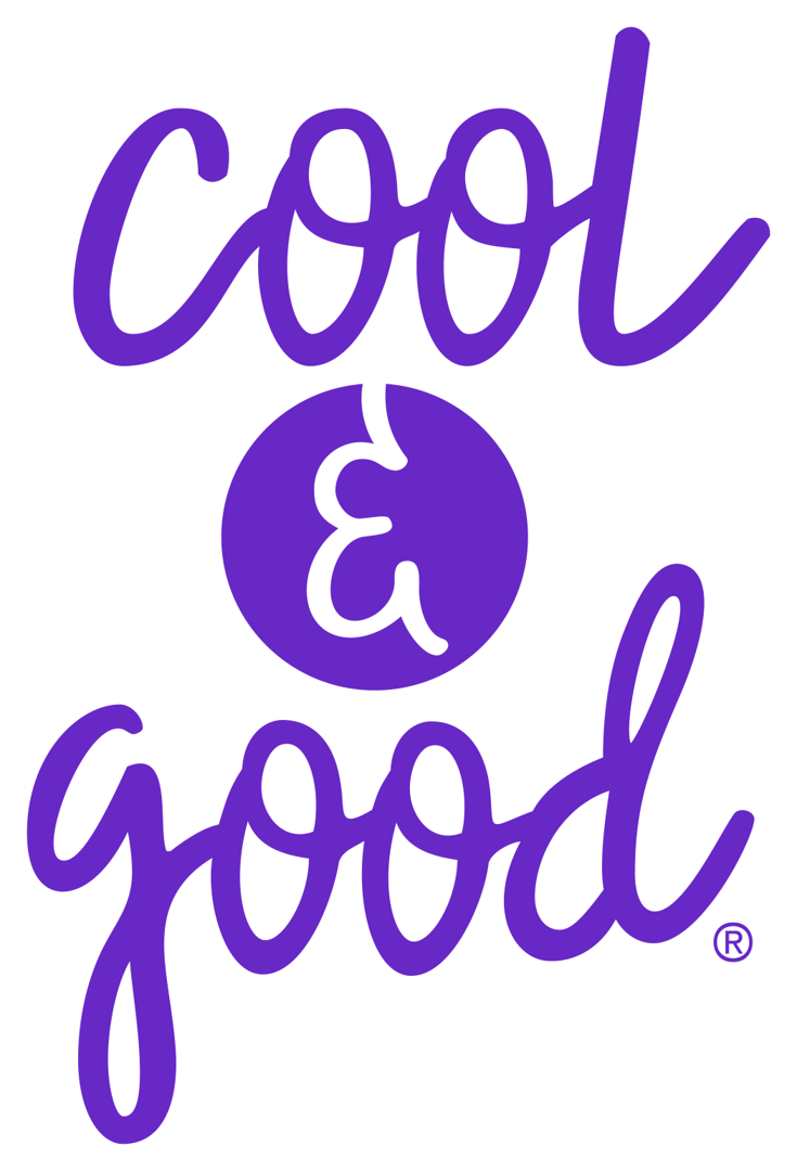 Purple and white graphic with the words "Cool & Good" in stylized font.