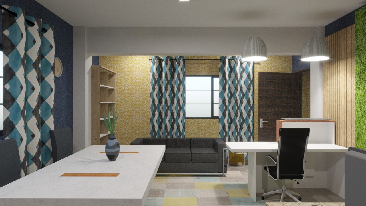 Modern office interior with white desks, a black chair, geometric curtains, and decorative wall panels.