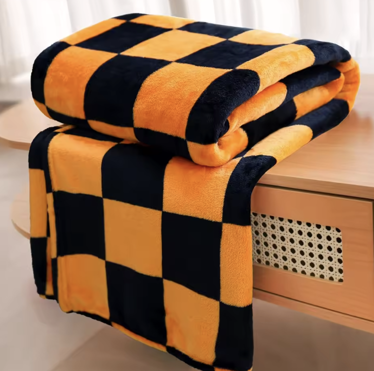 1PC Checkerboard Black and Orange Flannel Blanket