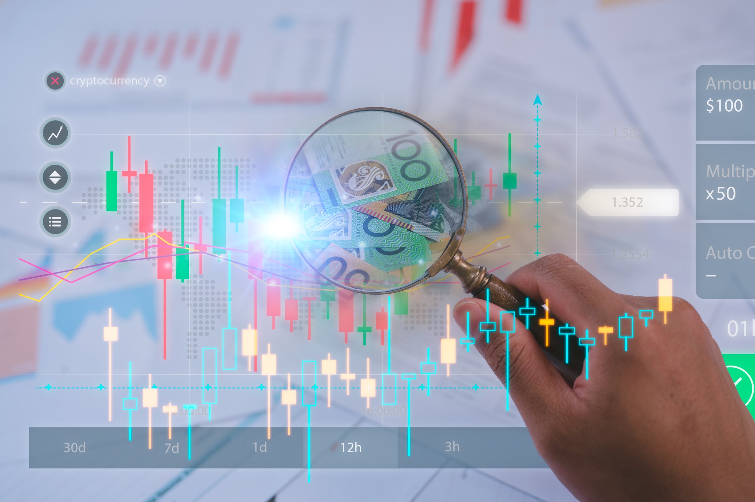 Businessman holding magnifying glass with price or stock market data chart and money note in concept of investment opportunity
