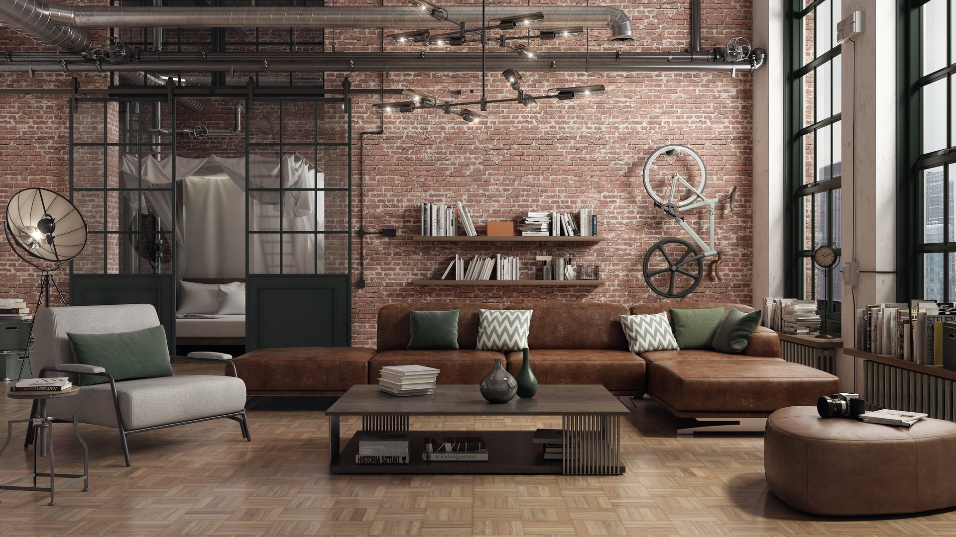 Loft living room interior adapted as a modern and spacious apartment. Industrial character is given by bricks walls, parquet floors and large windows. Behind the sliding doors is a bedroom. 3D render