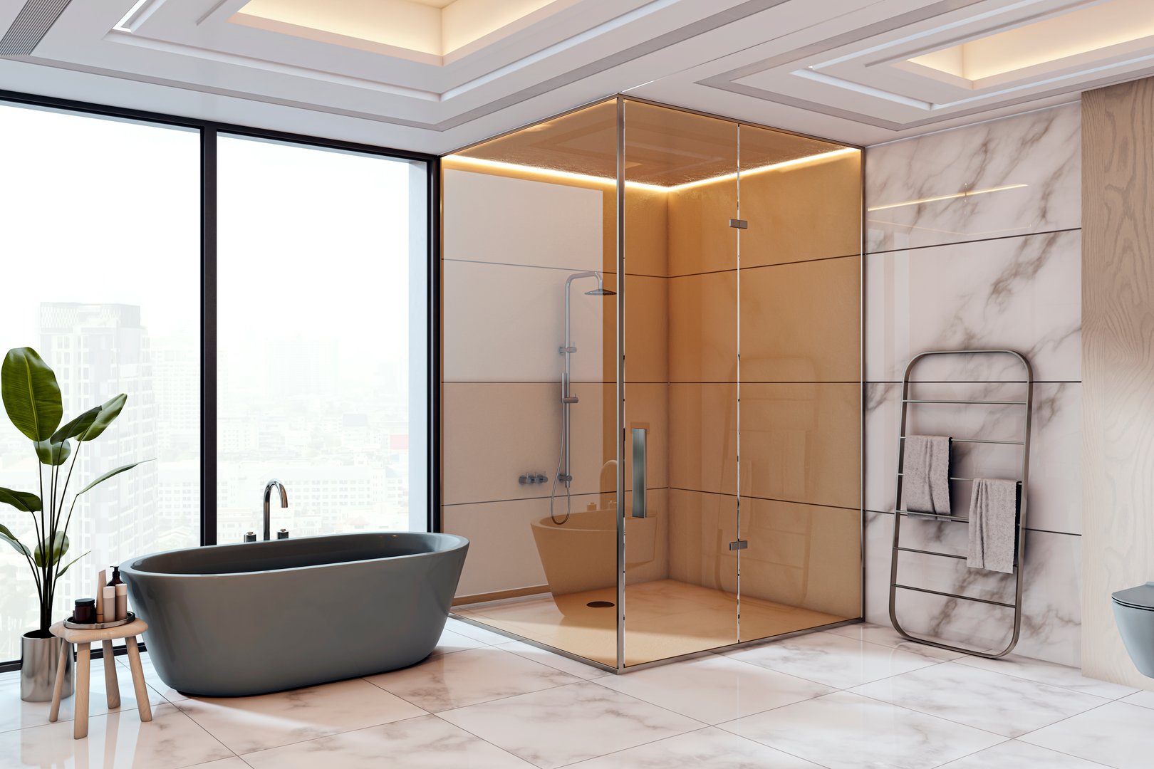 Contemporary bathroom with glass partition shower, black bathtub, marble floor, and city view through large window. Concept of modern wellness. 3D Rendering