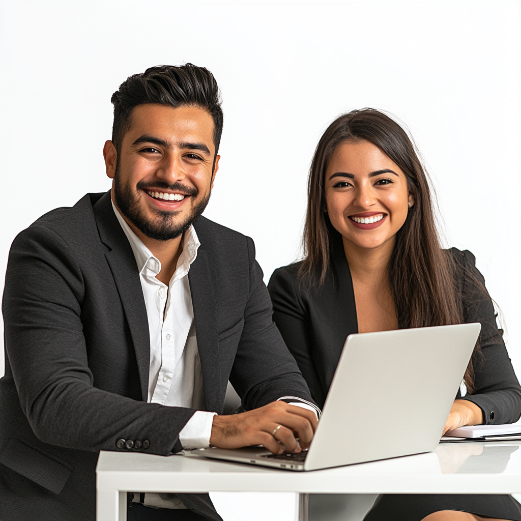 Two professionals in suits smiling, seated at a desk with a laptop, against a white background.