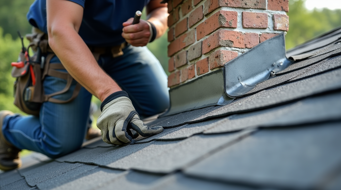 Professional roofer installing roof flashing