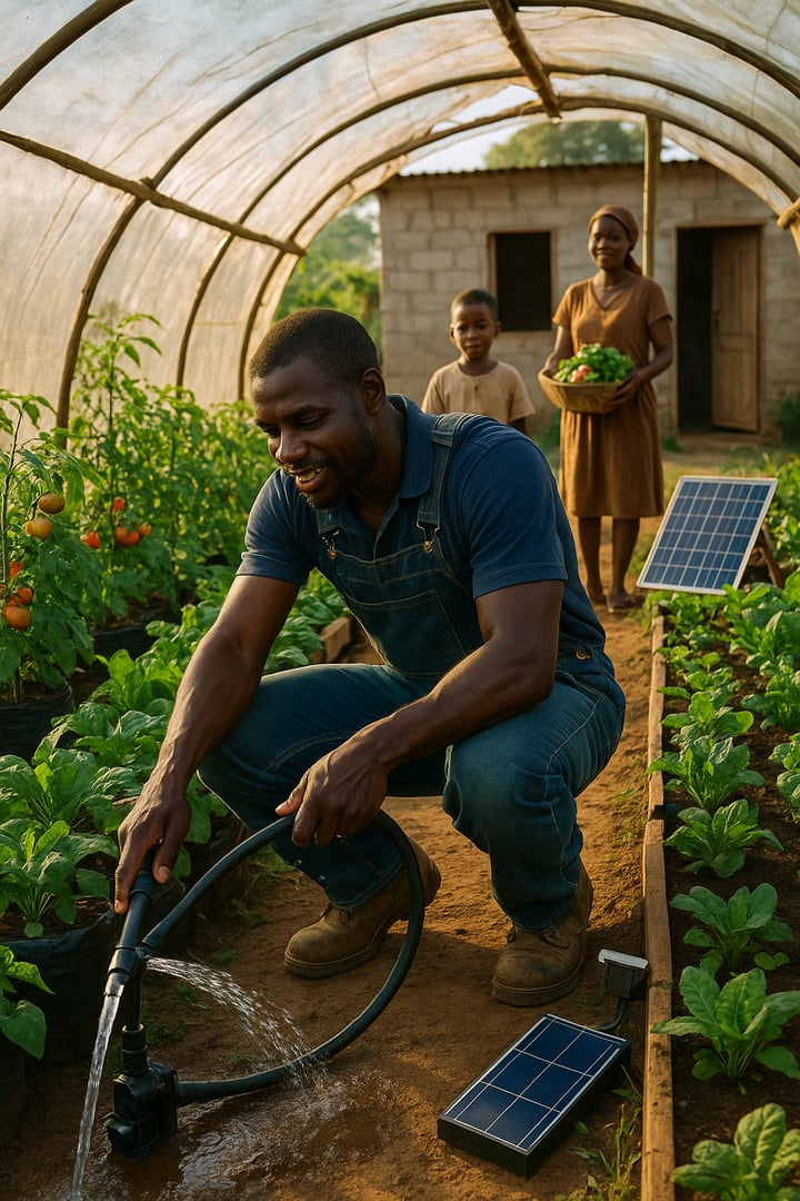 Man in overalls waters plants with solar-powered pump in greenhouse. Woman and child hold harvested vegetables in background.
