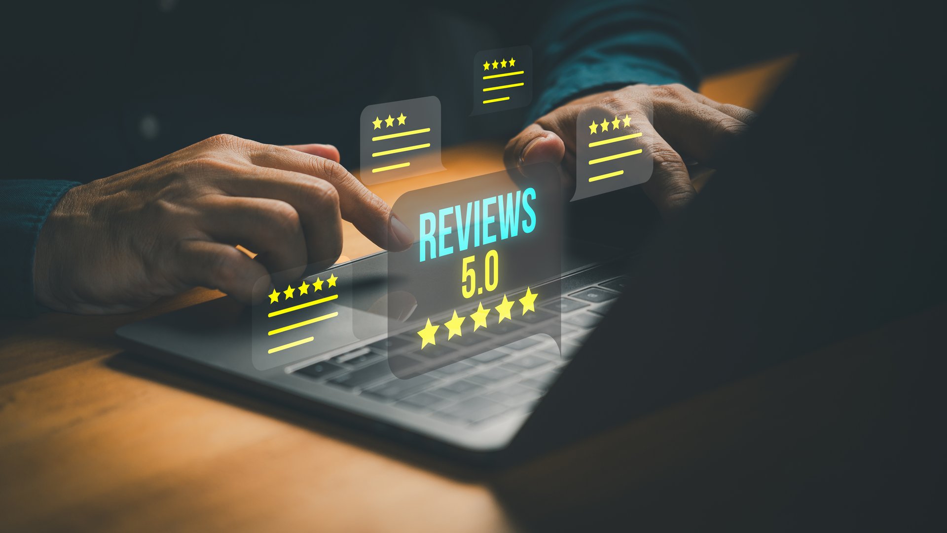 Customer using laptop computer with glowing 5 star review icons, symbolizing positive customer feedback, testimonial, online ratings and excellent service reputation in digital business platform.